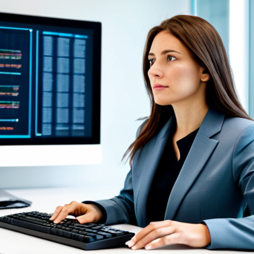 A professional female translator, fully clothed in a modest business suit, seated at a sleek modern desk in a well-lit, contemporary office. She is focused on a large monitor displaying complex text and subtle, abstract glowing lines representing advanced AI assistance. Her expression is thoughtful and empowered, embodying the synergy between human expertise and technological tools. The scene is well-composed, showing her well-formed hands resting naturally near a keyboard. safe for work, appropriate content, appropriate attire, professional, perfect anatomy, correct proportions, natural pose, proper finger count, natural body proportions, high-quality professional photography.
