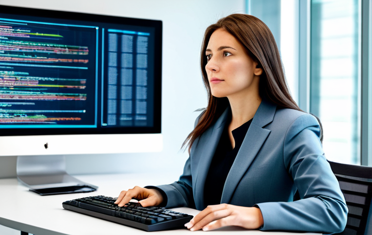 A professional female translator, fully clothed in a modest business suit, seated at a sleek modern desk in a well-lit, contemporary office. She is focused on a large monitor displaying complex text and subtle, abstract glowing lines representing advanced AI assistance. Her expression is thoughtful and empowered, embodying the synergy between human expertise and technological tools. The scene is well-composed, showing her well-formed hands resting naturally near a keyboard. safe for work, appropriate content, appropriate attire, professional, perfect anatomy, correct proportions, natural pose, proper finger count, natural body proportions, high-quality professional photography.