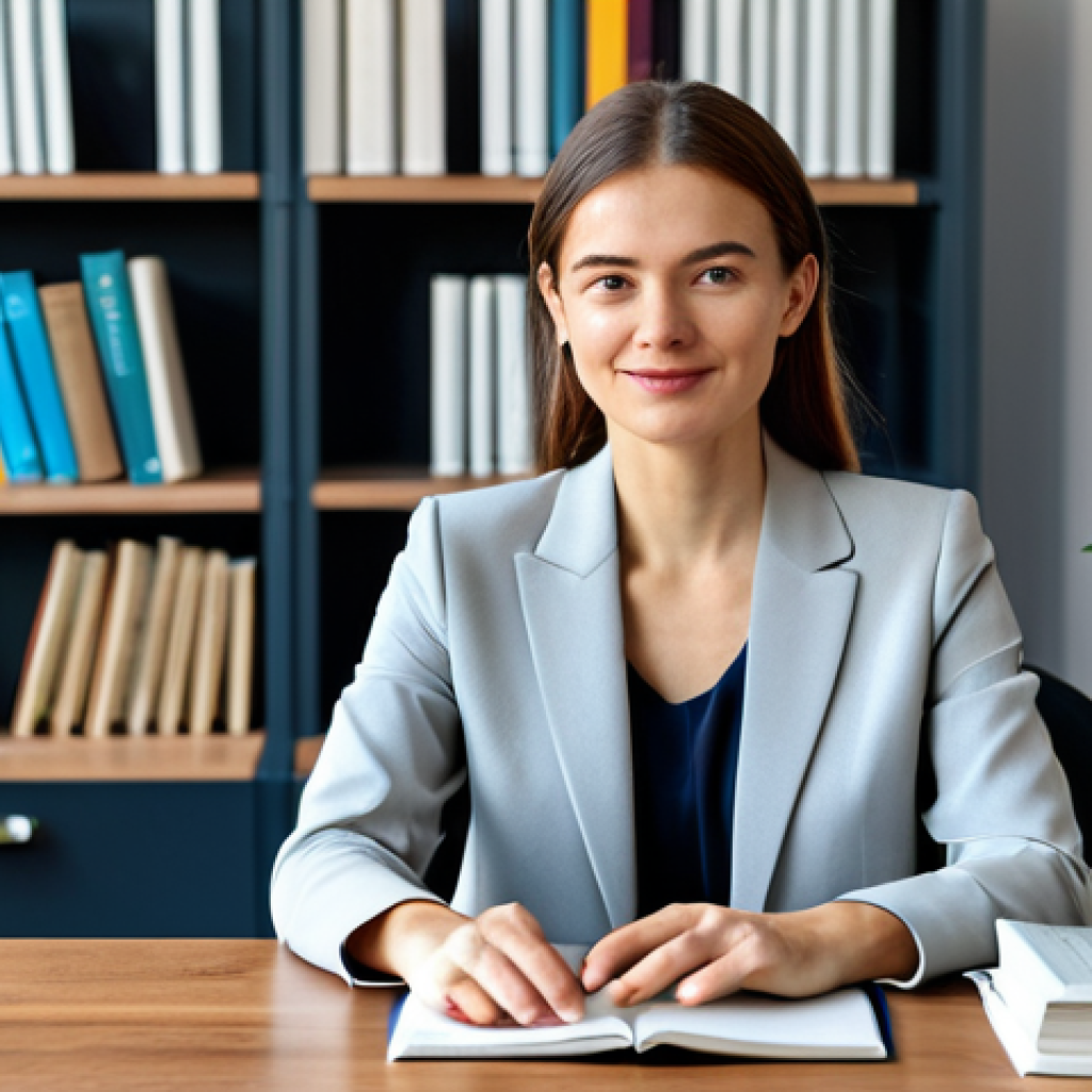 **

A professional translator sitting at a desk in a modern office. She is fully clothed in a modest, stylish business suit. On the desk are a laptop, dictionaries, and several open books. The background is a bright and clean office space with bookshelves and plants. Perfect anatomy, correct proportions, natural pose, well-formed hands, proper finger count, natural body proportions, safe for work, appropriate content, fully clothed, professional, high quality.

**