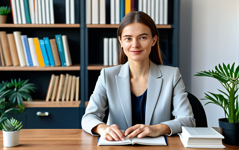 **

A professional translator sitting at a desk in a modern office. She is fully clothed in a modest, stylish business suit. On the desk are a laptop, dictionaries, and several open books. The background is a bright and clean office space with bookshelves and plants. Perfect anatomy, correct proportions, natural pose, well-formed hands, proper finger count, natural body proportions, safe for work, appropriate content, fully clothed, professional, high quality.

**