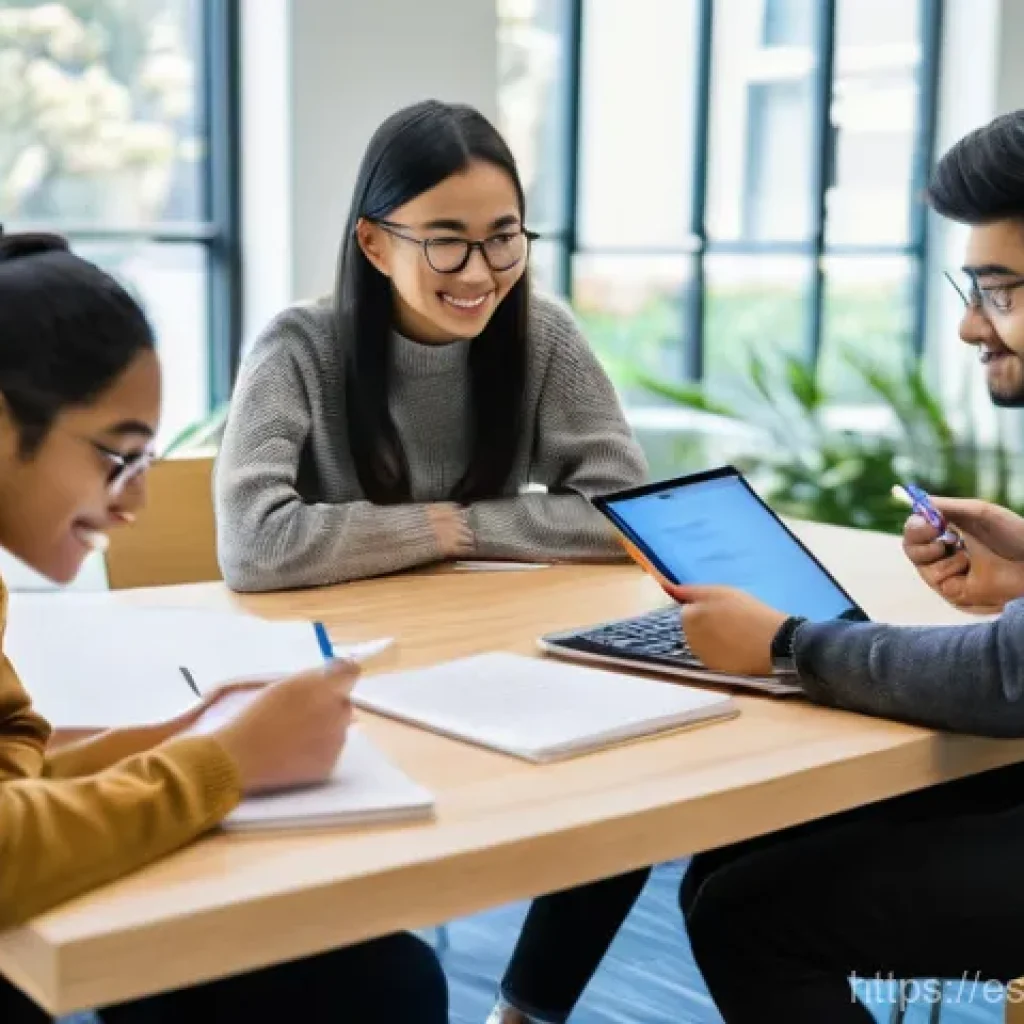 번역사 자격증 스터디 그룹 활용법 - **Prompt:** A diverse group of four university students, two male and two female, are actively engag...