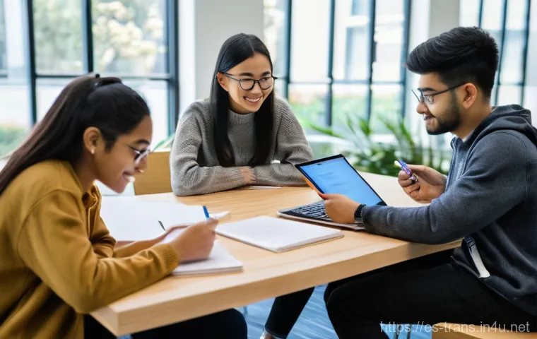 번역사 자격증 스터디 그룹 활용법 - **Prompt:** A diverse group of four university students, two male and two female, are actively engag...