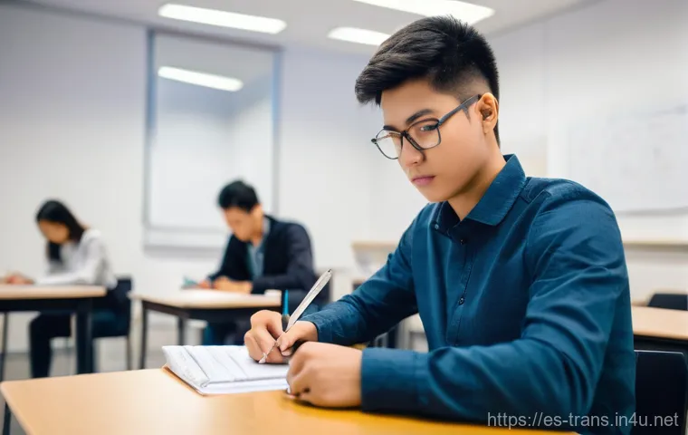 번역사 시험의 시간 배분 전략 - **Image Prompt: Intense Exam Preparation and Timed Practice**
    A focused university student, gend...