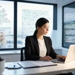 Home 14 번역사 업무에서 자주 사용하는 툴 - **Prompt:** A focused, professional female translator, in her late 20s to early 30s, working at a sl...