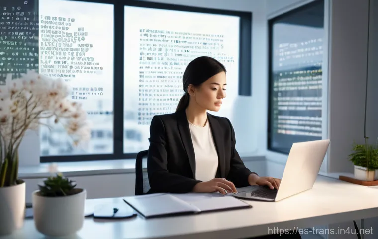 번역사 업무에서 자주 사용하는 툴 - **Prompt:** A focused, professional female translator, in her late 20s to early 30s, working at a sl...