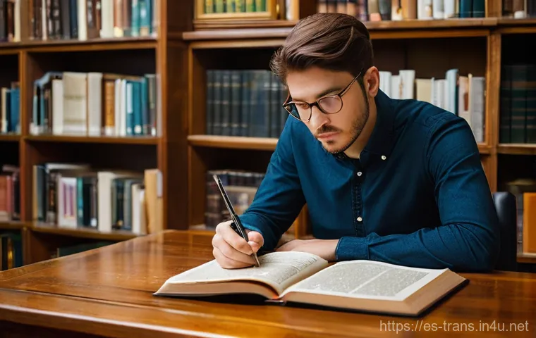 번역사 실무의 실제 사례 - **The Linguistic Detective at Work.** A detailed, medium shot of a focused, gender-neutral translato...