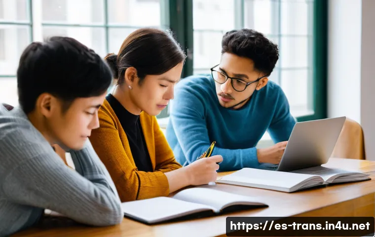번역사 실기시험 대비를 위한 스터디 그룹 - **Collaborative Translation Review Session:** A diverse group of four young adult translators (two m...