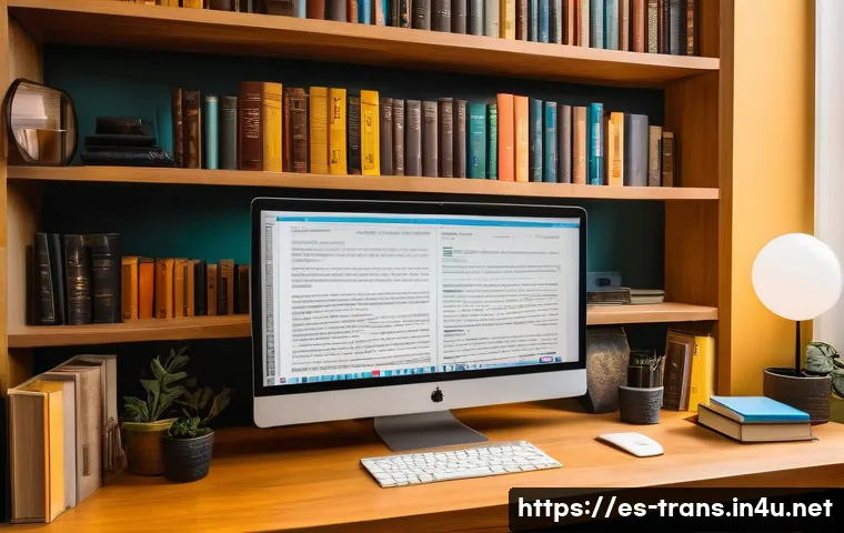 번역사 자격증과 관련된 자격 요건 - A professional translator sitting at a modern desk in a cozy home office, surrounded by bilingual di...