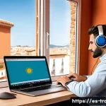 번역사 자격증 취득 후 경력 쌓기 - A professional freelance translator working at a modern home office in Spain, surrounded by dual mon...