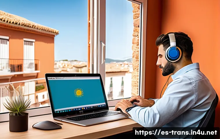 번역사 자격증 취득 후 경력 쌓기 - A professional freelance translator working at a modern home office in Spain, surrounded by dual mon...