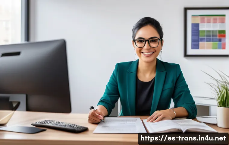 번역사 자격증 취득으로 이직 성공한 사례 - A professional translator in a modern home office setting, surrounded by dual monitors displaying tr...