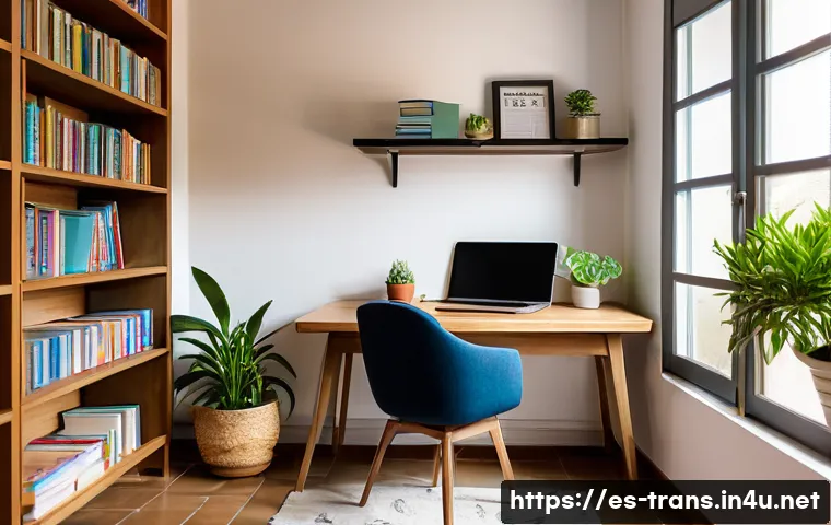 번역사 자격증 교재 추천 - A modern study room with a young adult Spanish translator preparing for certification, surrounded by...
