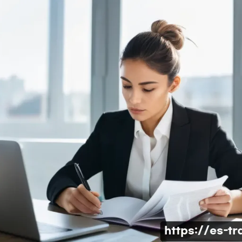 번역사 시험 기출문제 분석 - A focused young professional woman sitting at a modern desk in a bright office, surrounded by open b...