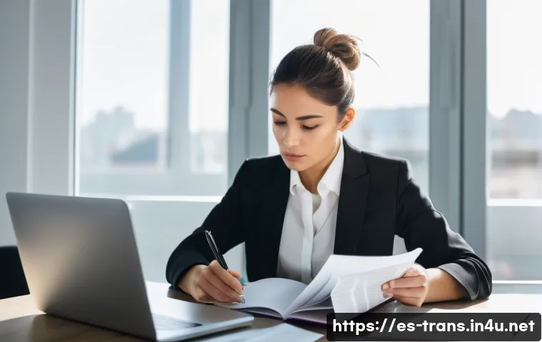 번역사 시험 기출문제 분석 - A focused young professional woman sitting at a modern desk in a bright office, surrounded by open b...