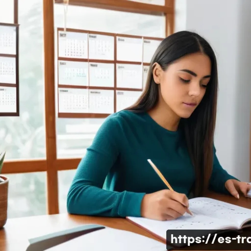 번역사 자격증 시험 팁 - A focused young adult Hispanic woman studying at a tidy desk in a cozy home office, with a realistic...