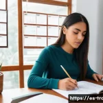 Home 22 번역사 자격증 시험 팁 - A focused young adult Hispanic woman studying at a tidy desk in a cozy home office, with a realistic...