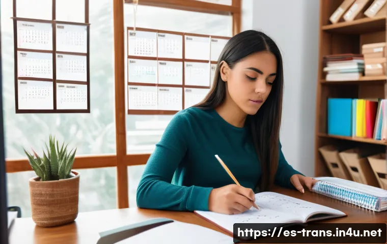 번역사 자격증 시험 팁 - A focused young adult Hispanic woman studying at a tidy desk in a cozy home office, with a realistic...