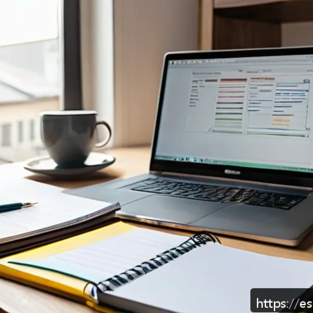 번역사 업무일지 작성의 중요성 - A professional translator&rsquo;s organized workspace featuring a modern desk with a laptop displaying tra...
