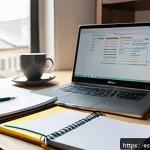 Home 19 번역사 업무일지 작성의 중요성 - A professional translator’s organized workspace featuring a modern desk with a laptop displaying tra...
