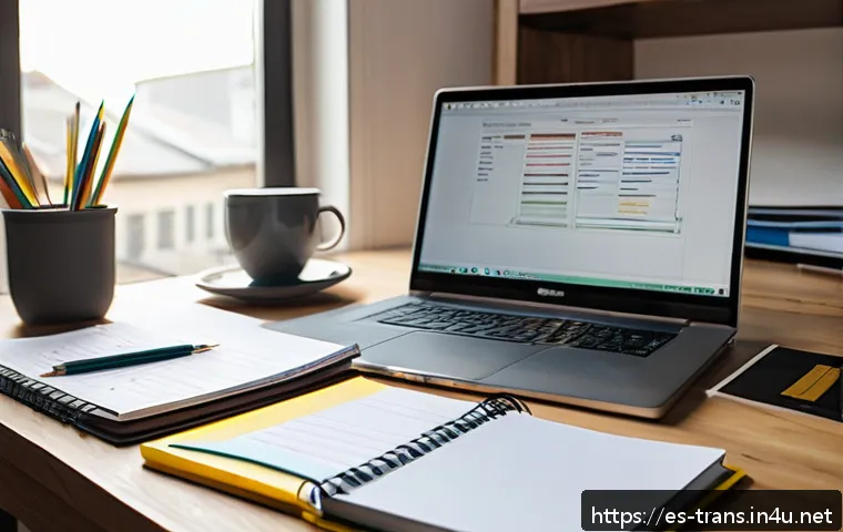 번역사 업무일지 작성의 중요성 - A professional translator&rsquo;s organized workspace featuring a modern desk with a laptop displaying tra...