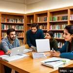 Home 18 번역사 자격증 대비 학습 커뮤니티 참여 방법 - A diverse group of Spanish-speaking translators gathered in a cozy, modern study room with bookshelv...