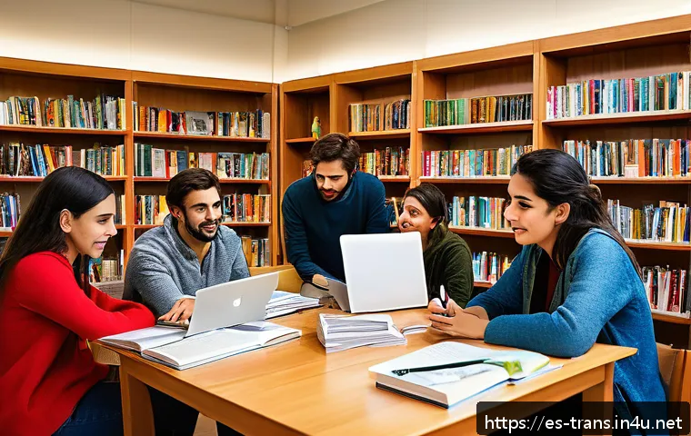 번역사 자격증 대비 학습 커뮤니티 참여 방법 - A diverse group of Spanish-speaking translators gathered in a cozy, modern study room with bookshelv...