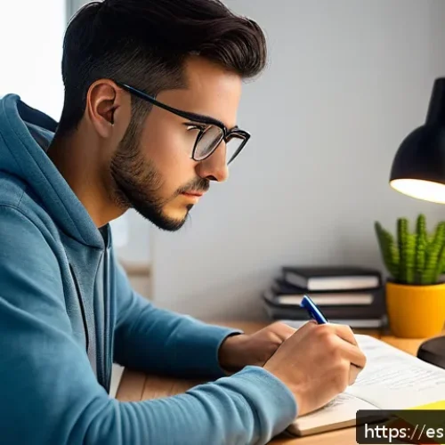 Home 17 번역사 자격증 단기 준비 방법 - A focused young adult student studying translation certification at a cozy home office desk in Spain...