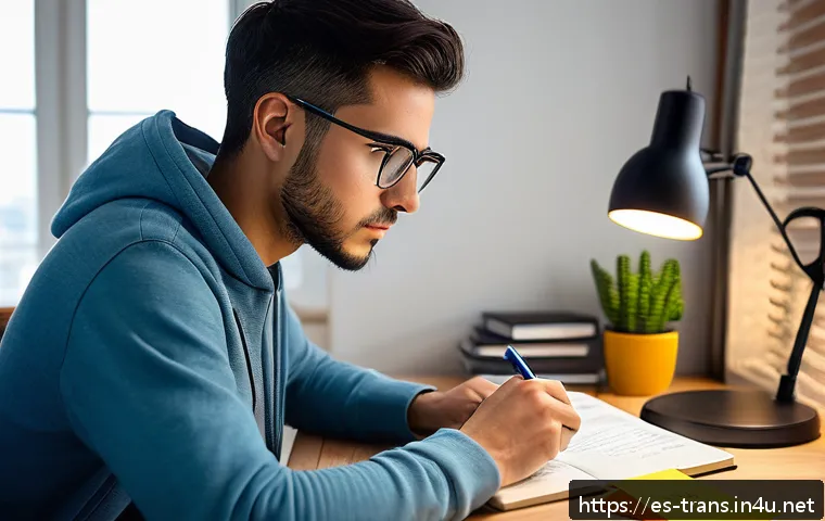 번역사 자격증 단기 준비 방법 - A focused young adult student studying translation certification at a cozy home office desk in Spain...