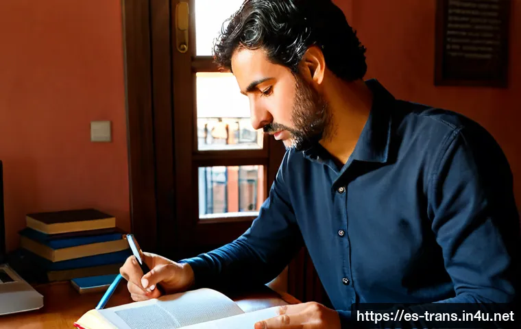 Home 13 번역사 자격증 취득 난이도 - Photorealistic home study scene of a Spanish-speaking aspiring translator in their 30s reviewing bil...